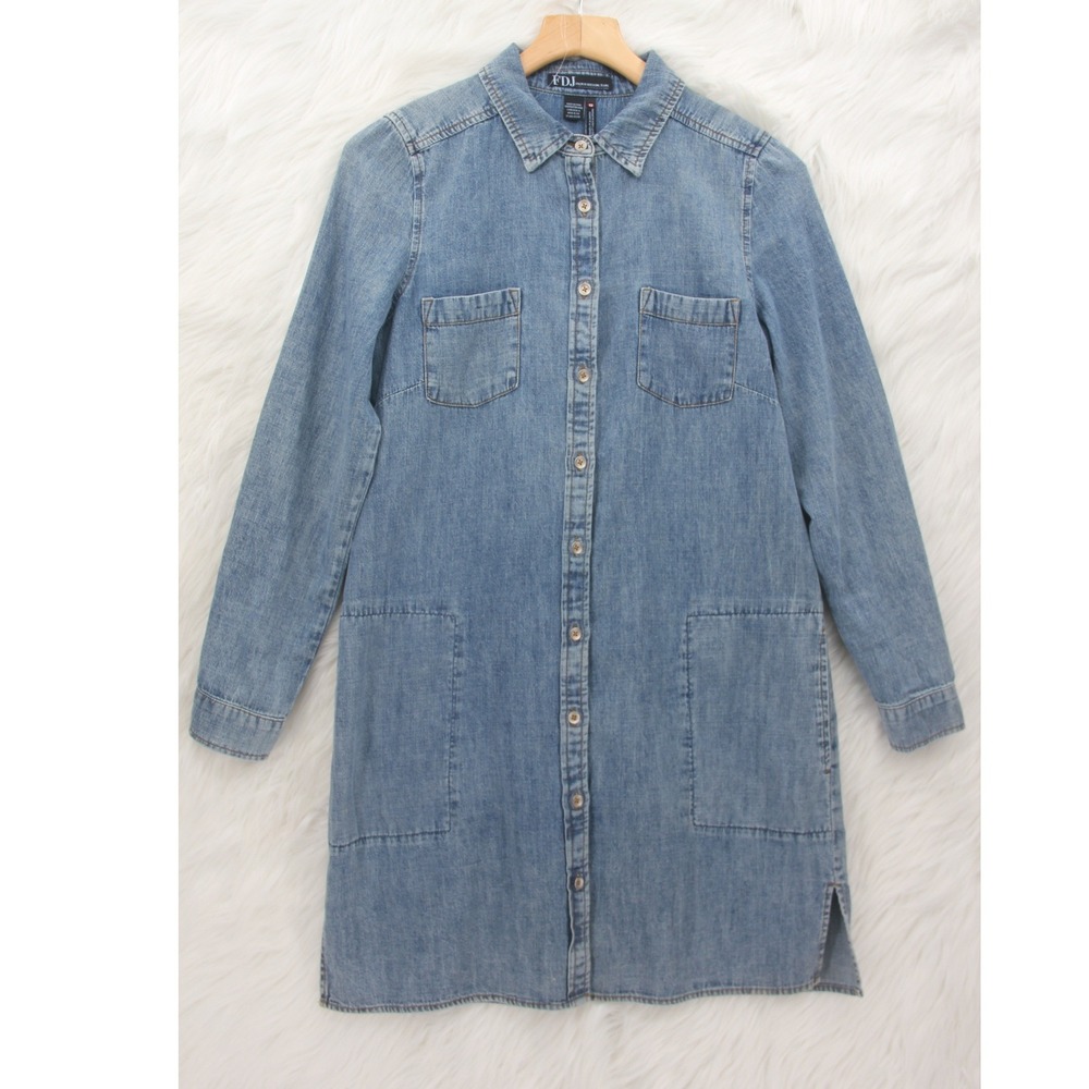 FDJ Chambray Shirt Dress 4 Denim Pockets Western Boho Minimalist Office Classic